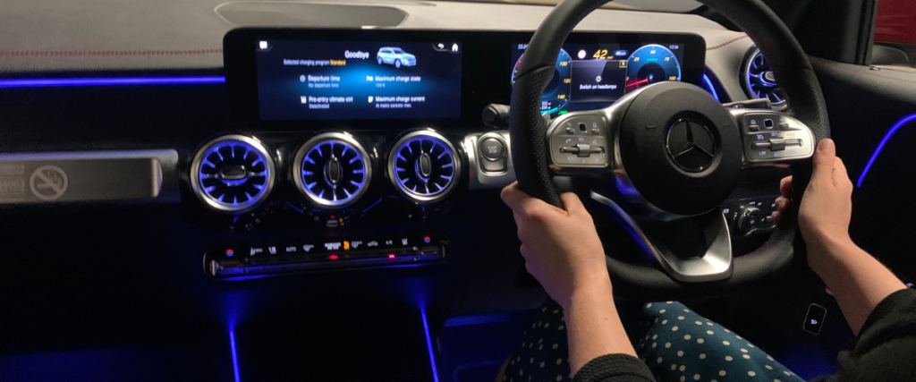 lit up dashboard of Mercedes EQB