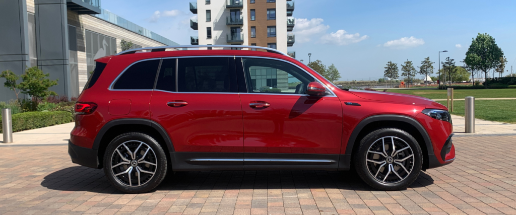 Red Mercedes EQB side on view facing right