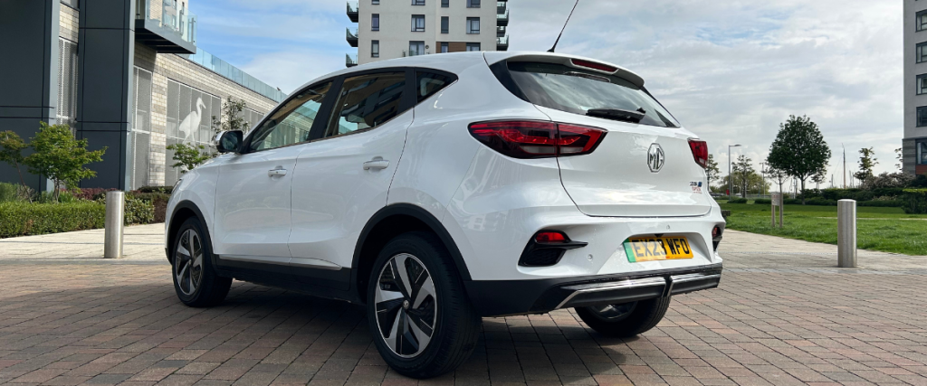 White MG ZS at an angle facing away
