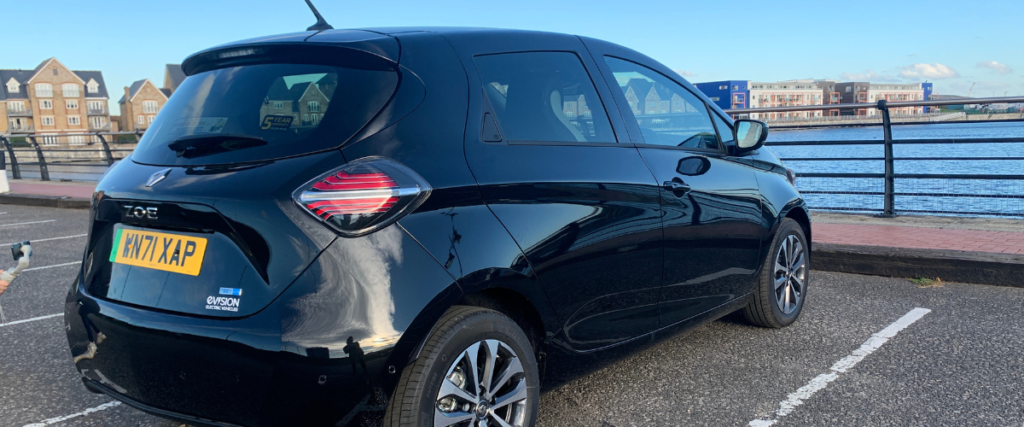 Rear of a Renault Zoe at an angle.