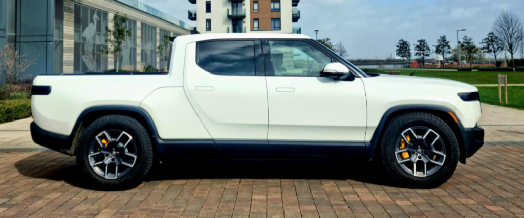 White Rivian R1T side on
