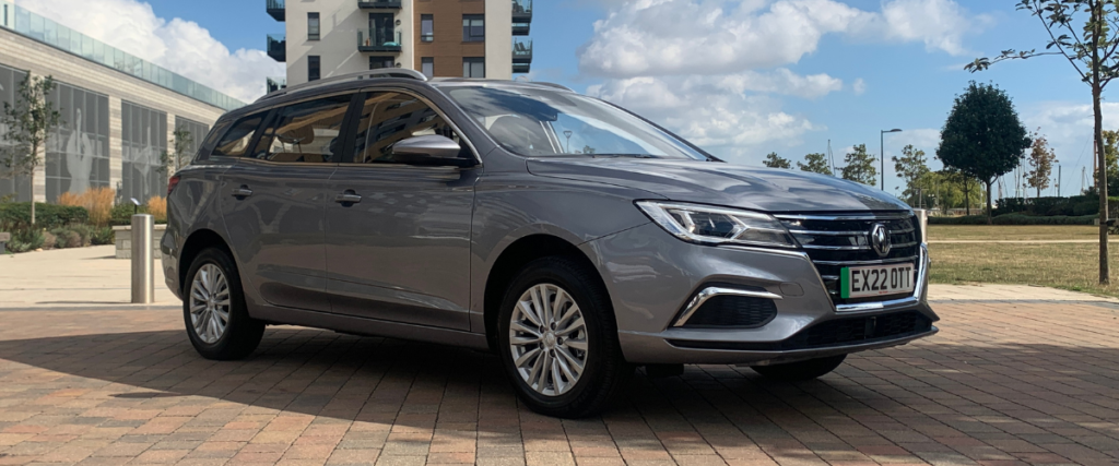 Silver MG5 at an angle facing right