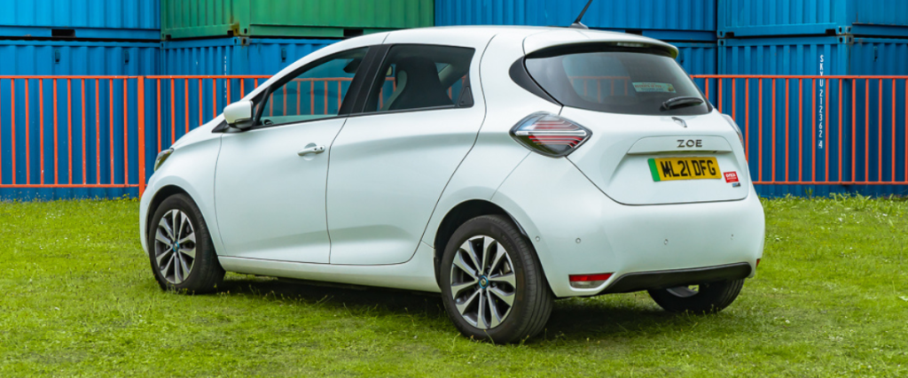 rear angle view of a white renault zoe