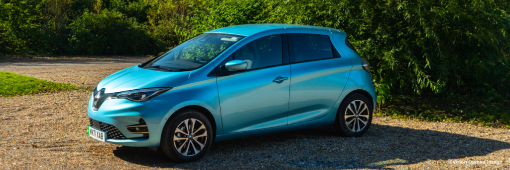 Blue Renault Zoe facing left at an angle