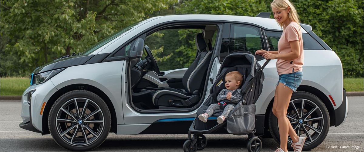 BMW i3 electric car with mother and baby in pram